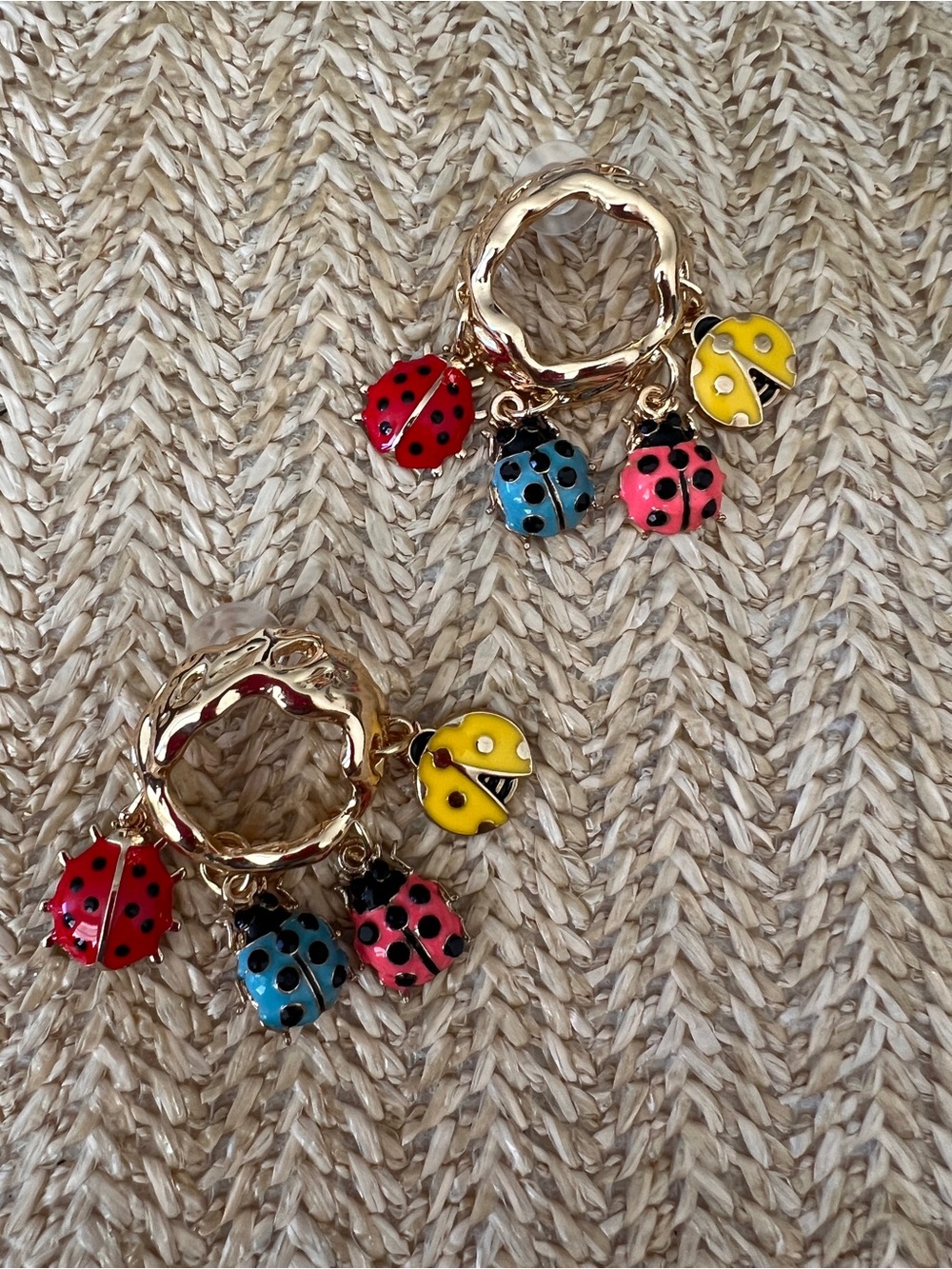 Gold Hoop Earrings with Colorful Ladybug